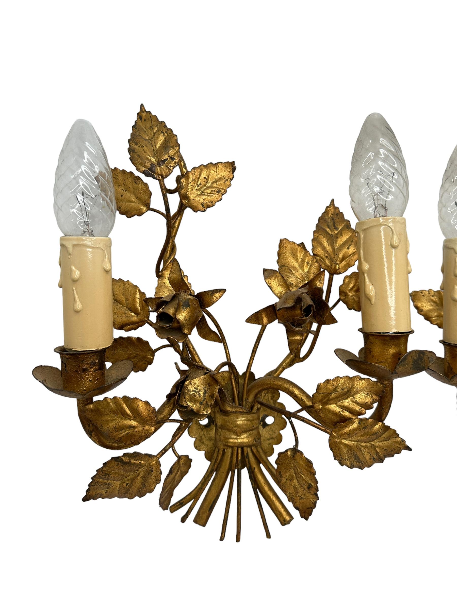 German Pair Florentine Gold Gilt Metal Rose Two Light Sconces Toleware Tole by Koegl  For Sale