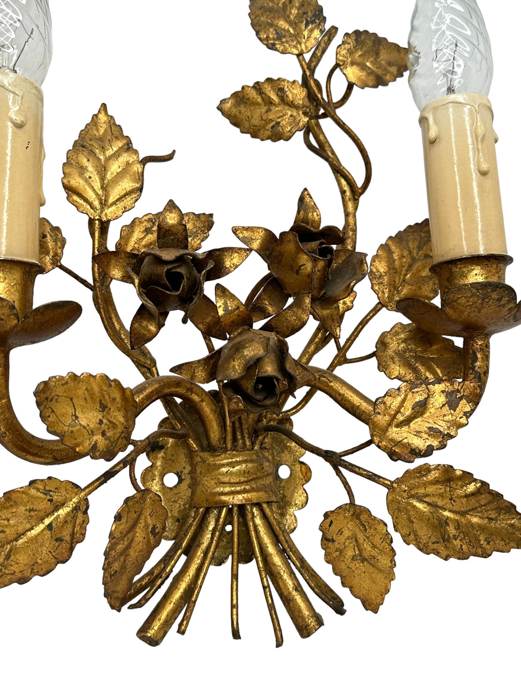 Mid-20th Century Pair Florentine Gold Gilt Metal Rose Two Light Sconces Toleware Tole by Koegl  For Sale