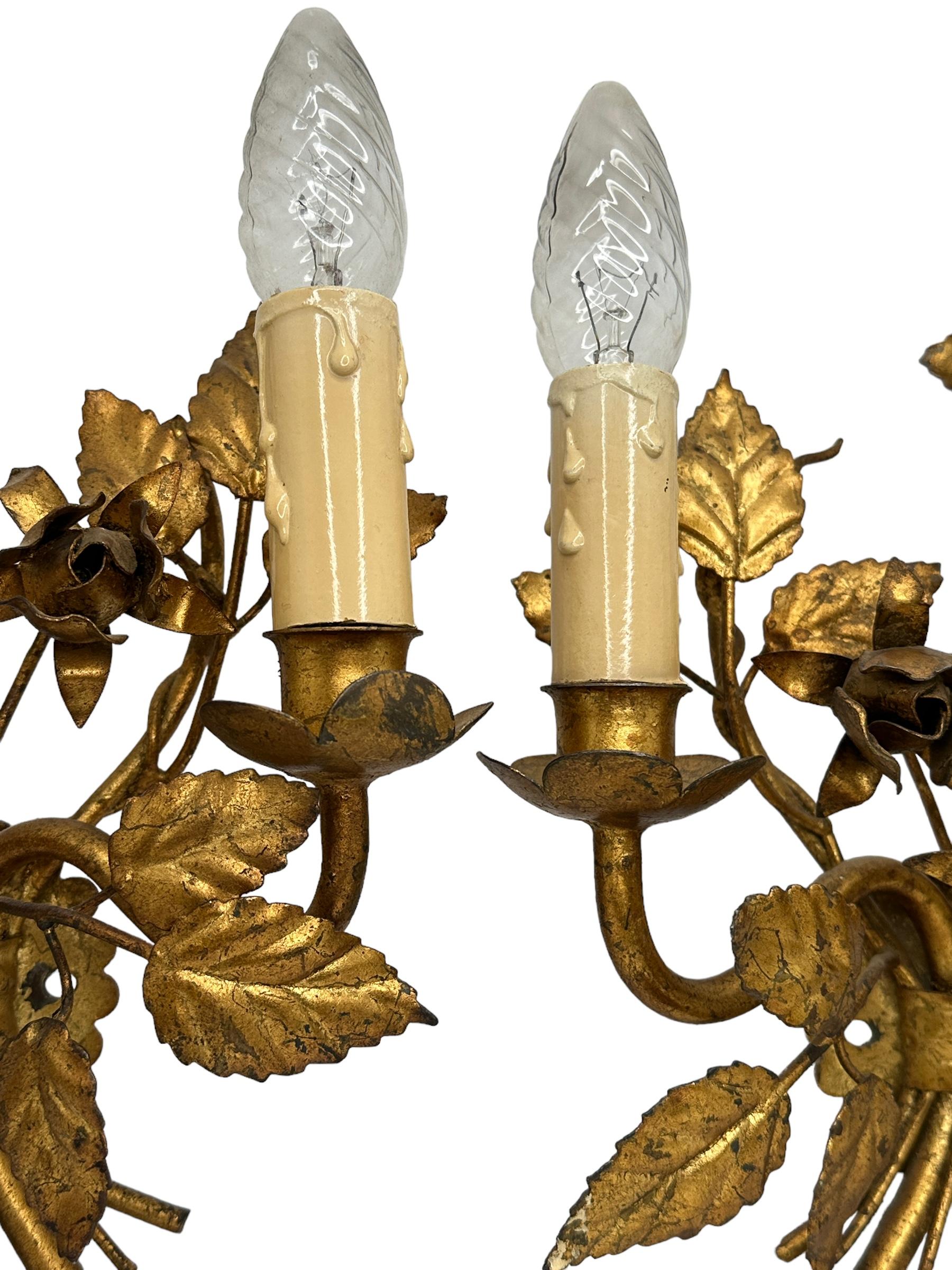 Pair Florentine Gold Gilt Metal Rose Two Light Sconces Toleware Tole by Koegl  For Sale 3