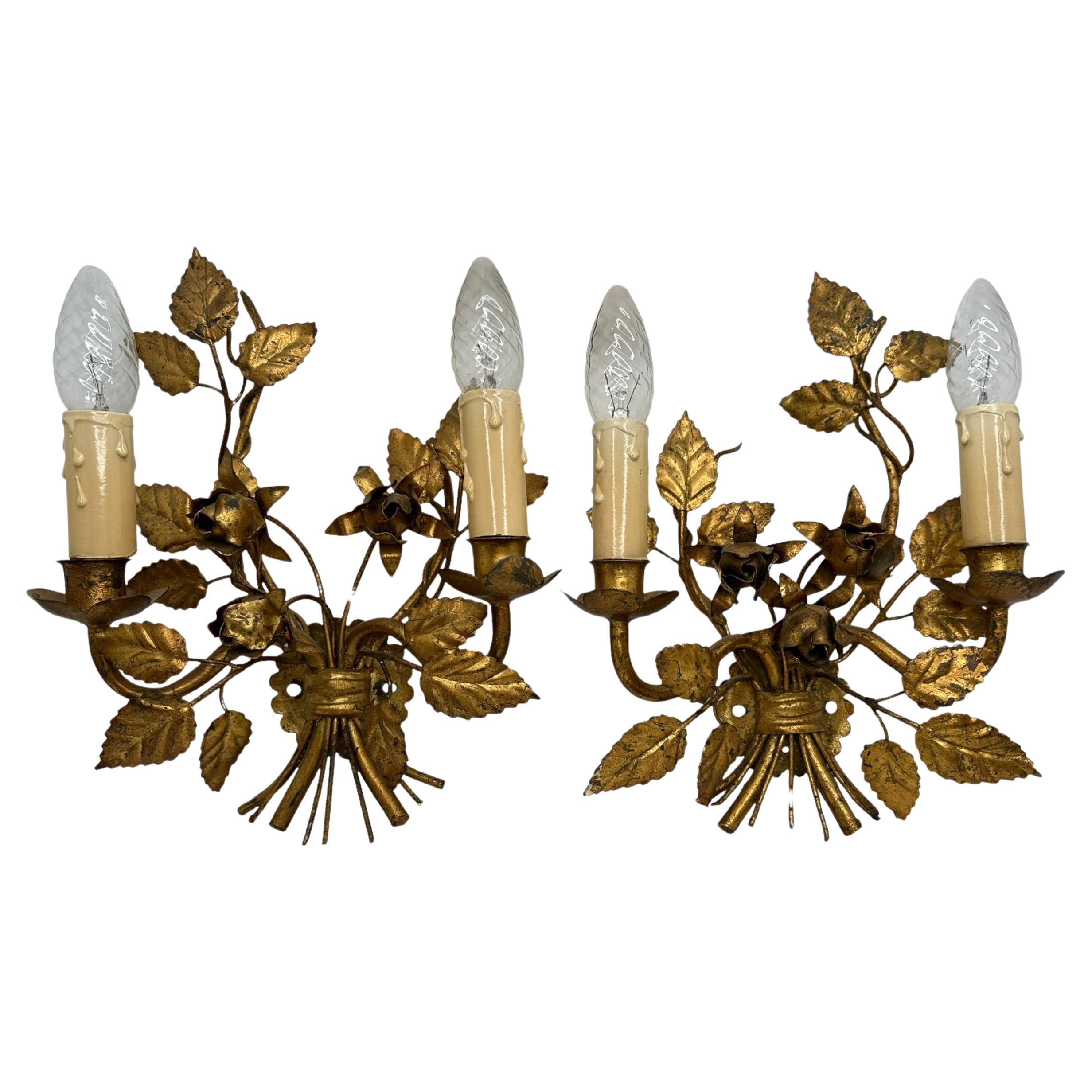 Pair Florentine Gold Gilt Metal Rose Two Light Sconces Toleware Tole by Koegl  For Sale