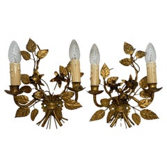 Vintage Pair Florentine Gold Gilt Metal Rose Two Light Sconces Toleware Tole by Koegl 