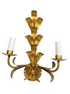Pair Florentine Hollywood Regency Gilt Metal Acanthus Leaves Sconces Italy 1960s