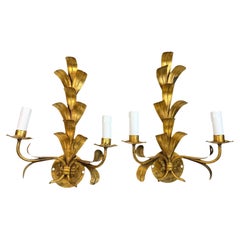 Pair Florentine Hollywood Regency Gilt Metal Acanthus Leaves Sconces Italy 1960s