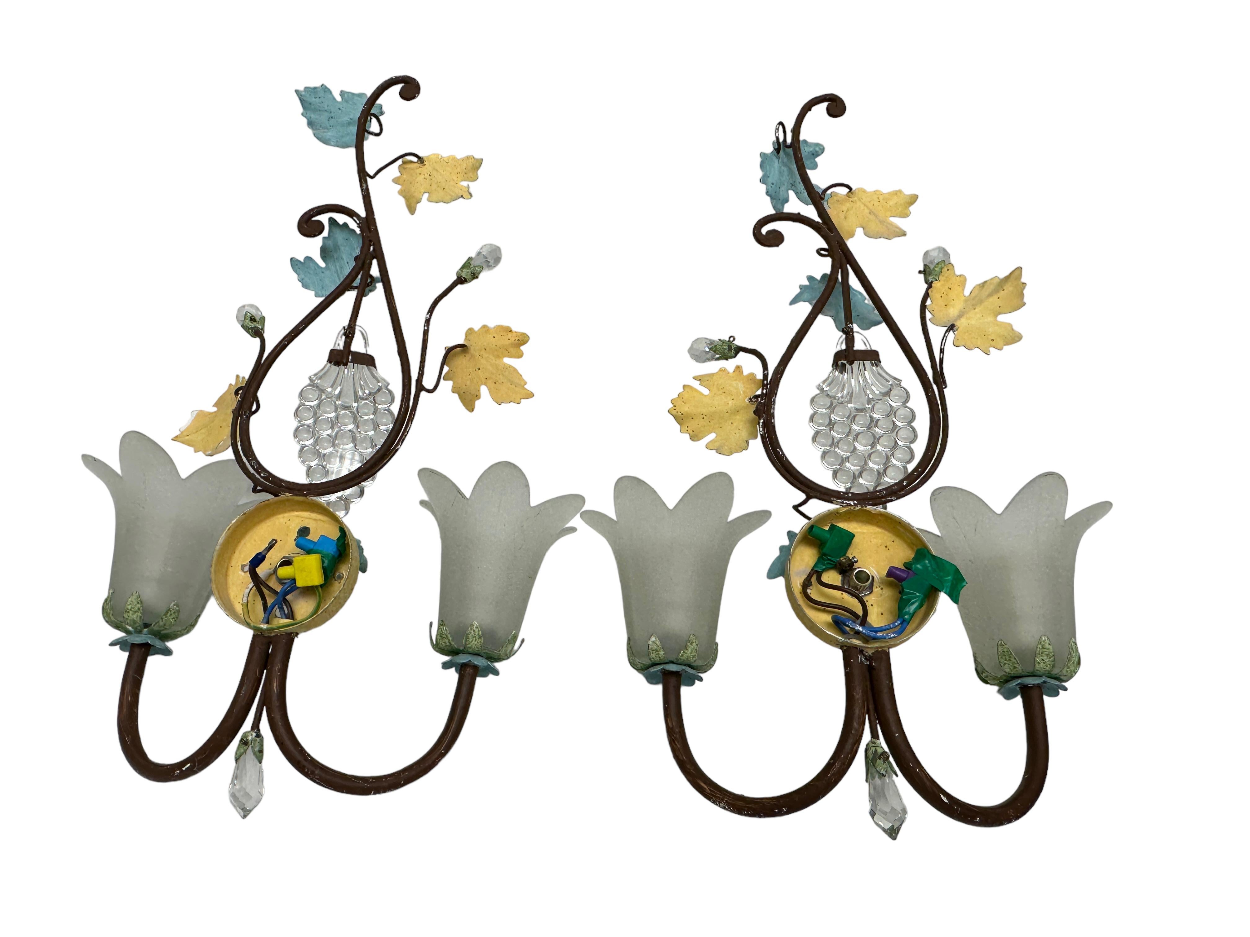 Pair Florentine Italian Crystal Flower Wall Sconces by Banci, Italy, 1980s For Sale 5