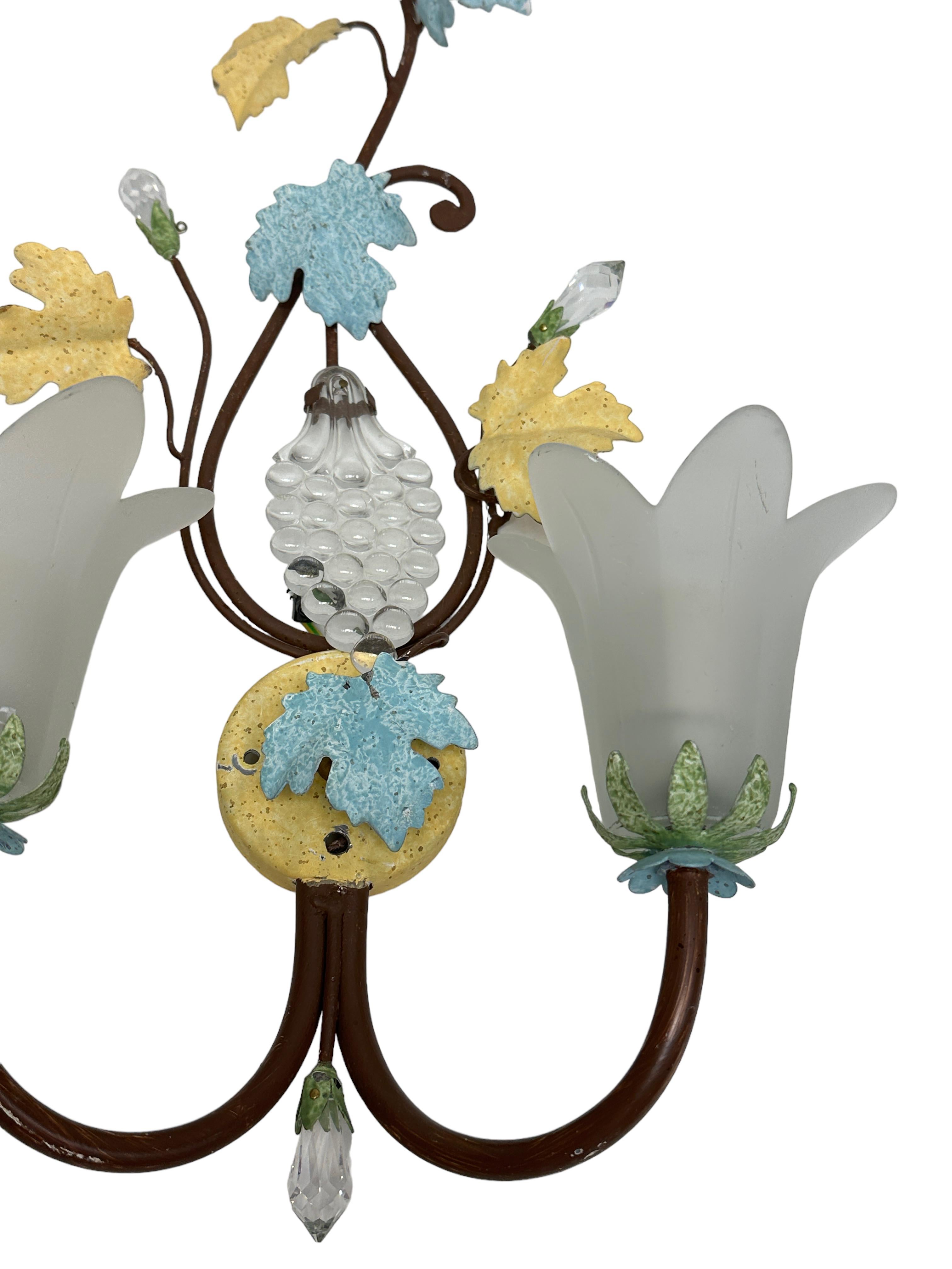 Pair Florentine Italian Crystal Flower Wall Sconces by Banci, Italy, 1980s For Sale 2