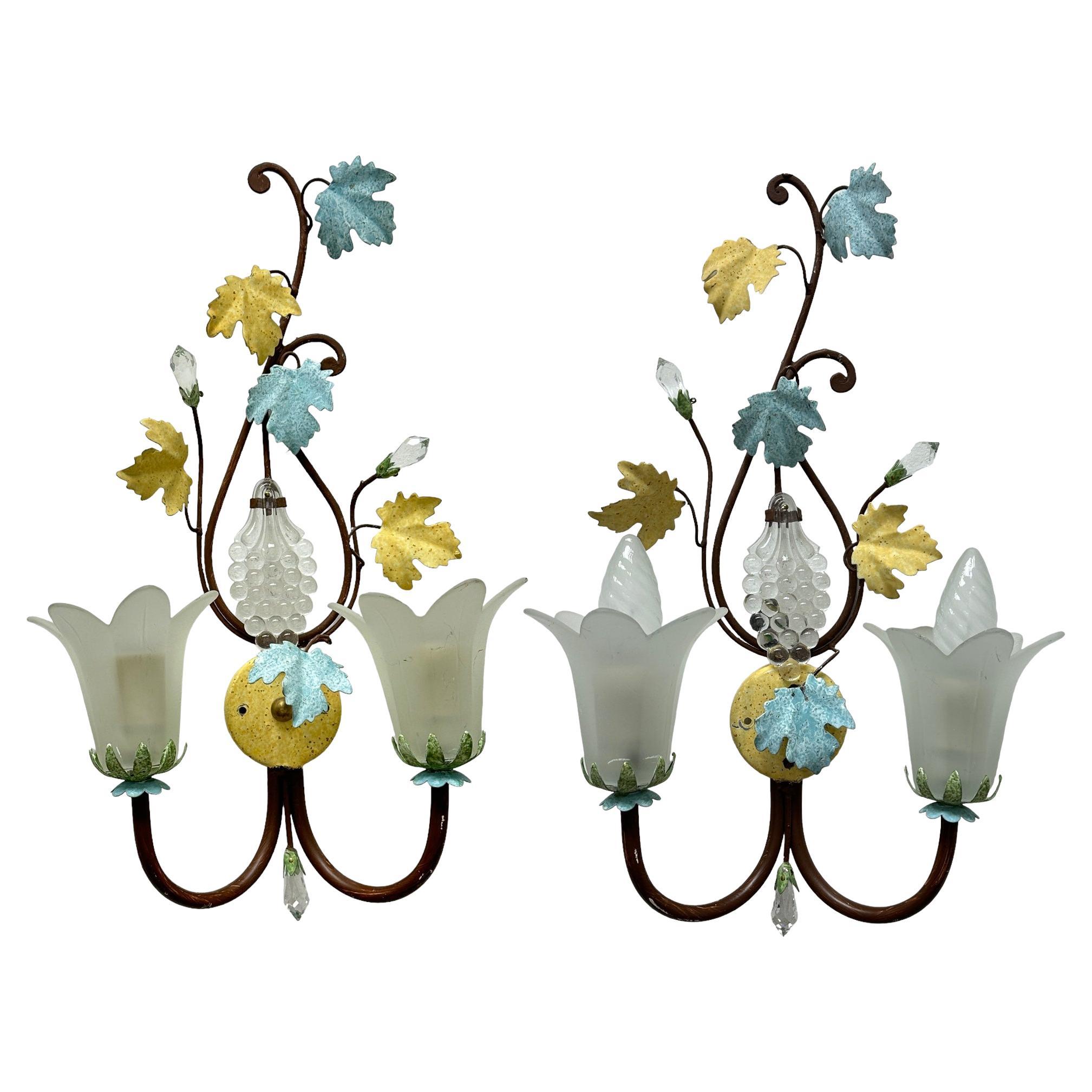 Pair Florentine Italian Crystal Flower Wall Sconces by Banci, Italy, 1980s For Sale