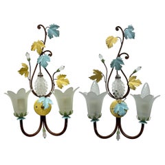 Pair Florentine Italian Crystal Flower Wall Sconces by Banci, Italy, 1980s