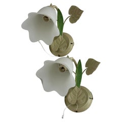 Pair Florentine Italian Sconces Metal Frame Glass Shades, Italy, 1980s