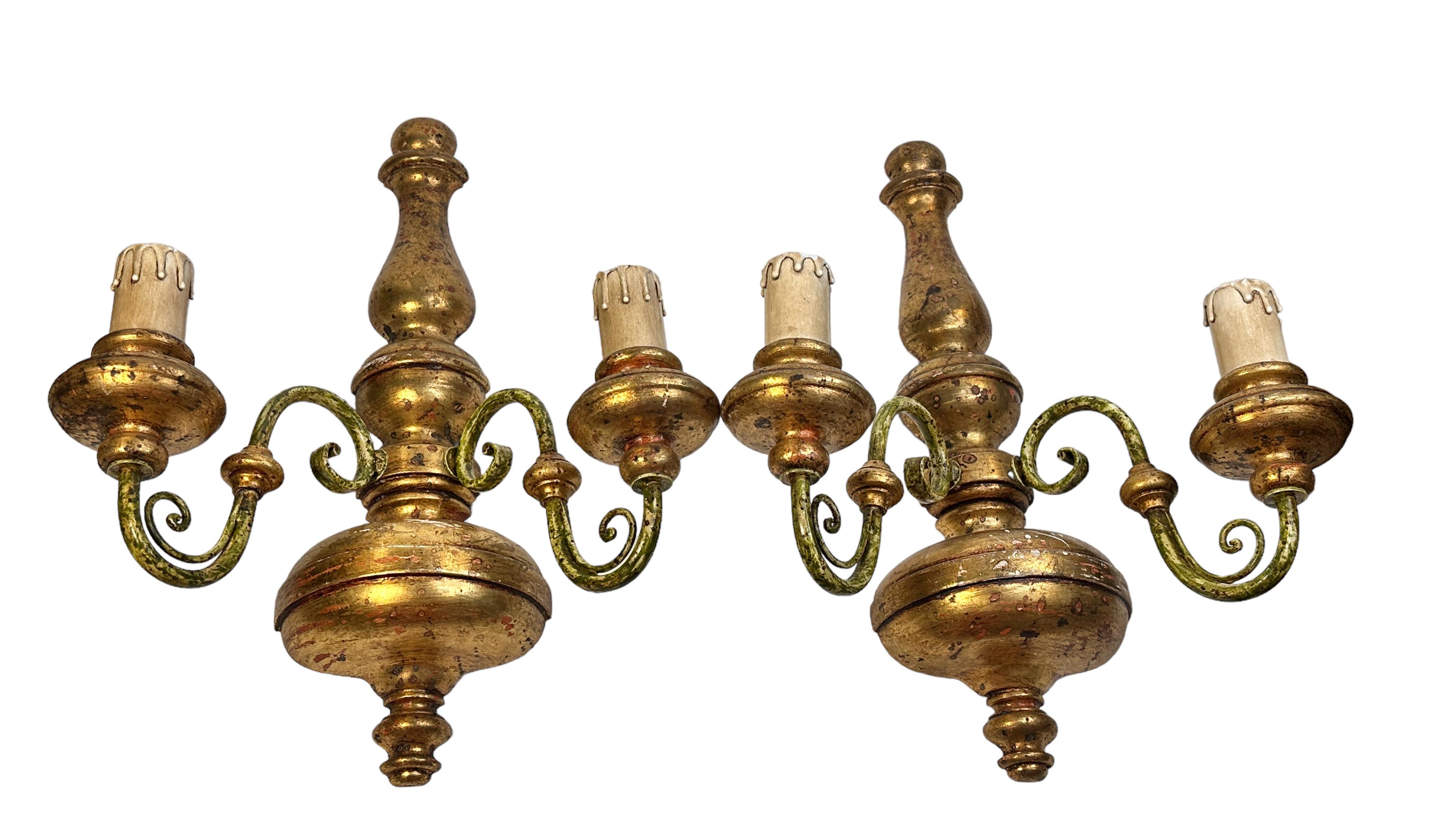 A pair of metal and wood sconce. Each fixture requires two European E14 candelabra bulbs, each bulb up to 40 watts. The wall light has a beautiful color and gives each room an eclectic statement. Light bulbs are not included in this offer. A nice