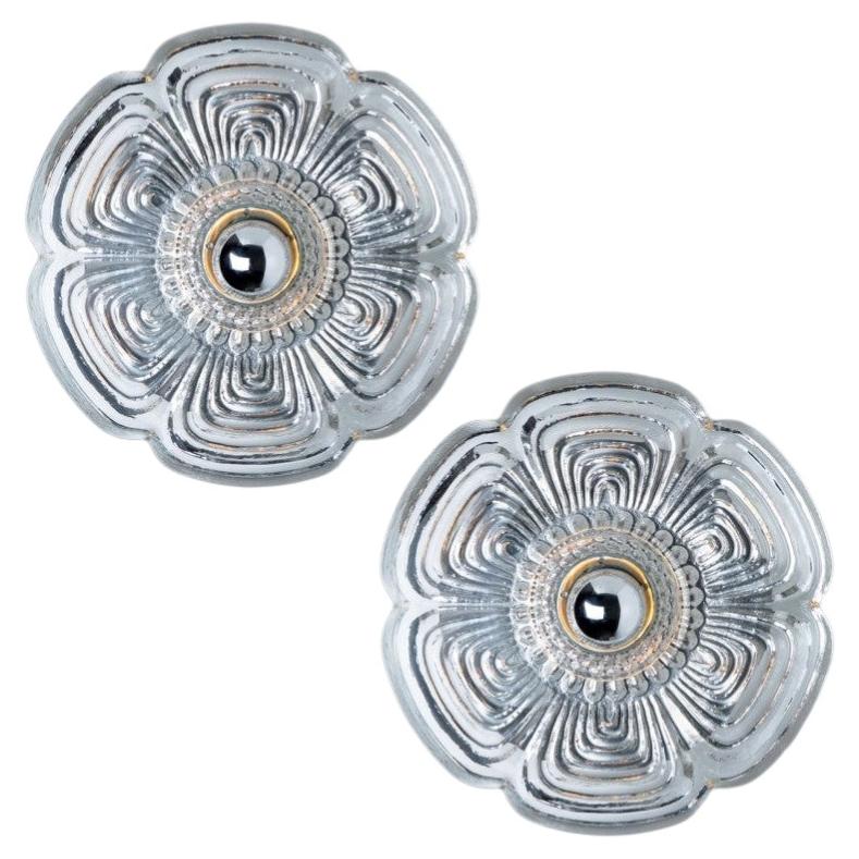 Pair Flower Glass Wall lights Flush Mounts by Heinz Neuhaus Leuchten, 1970