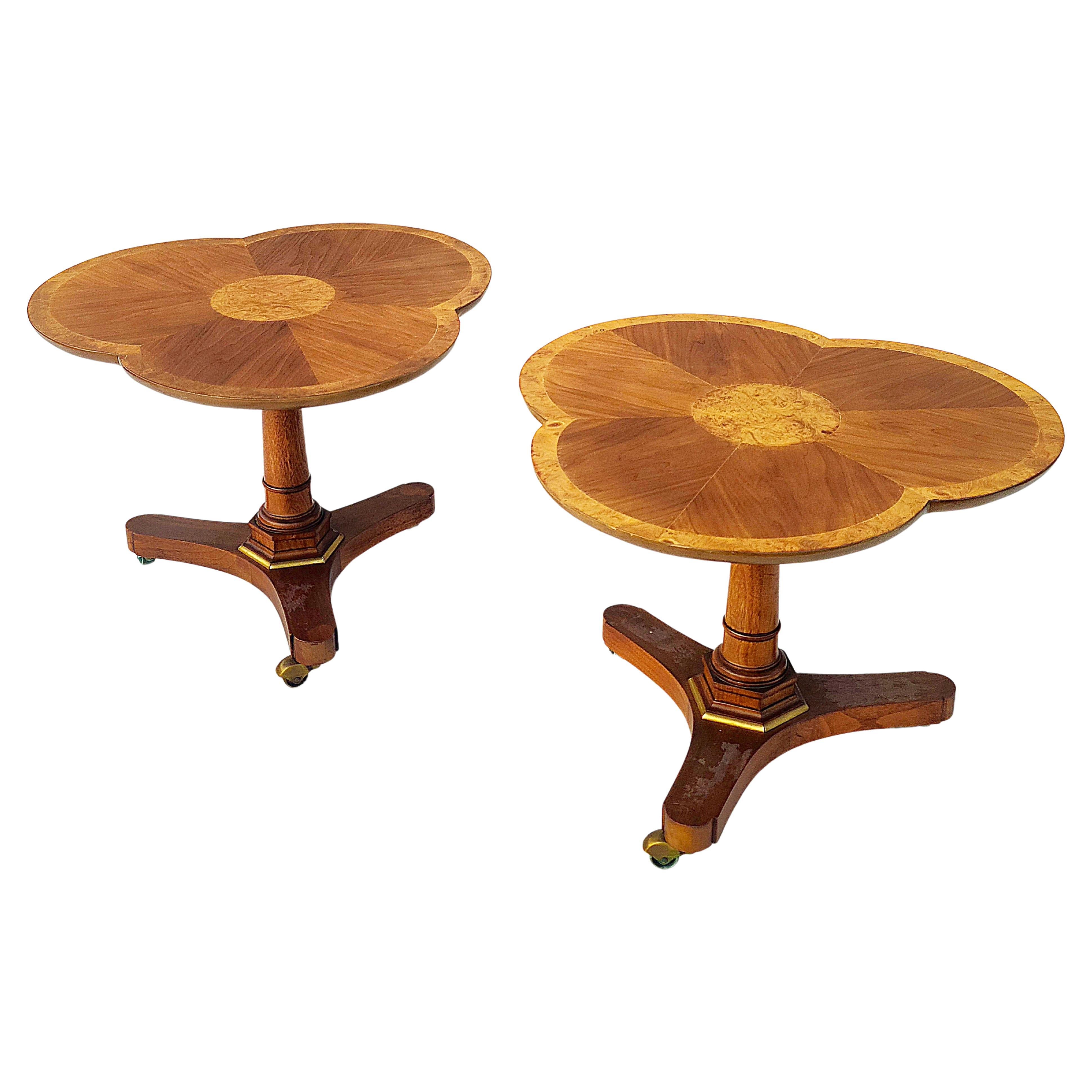 Brass Pair Pansy Flower Gueridon Tables Walnut & Burl in the Style of Baker Furniture For Sale