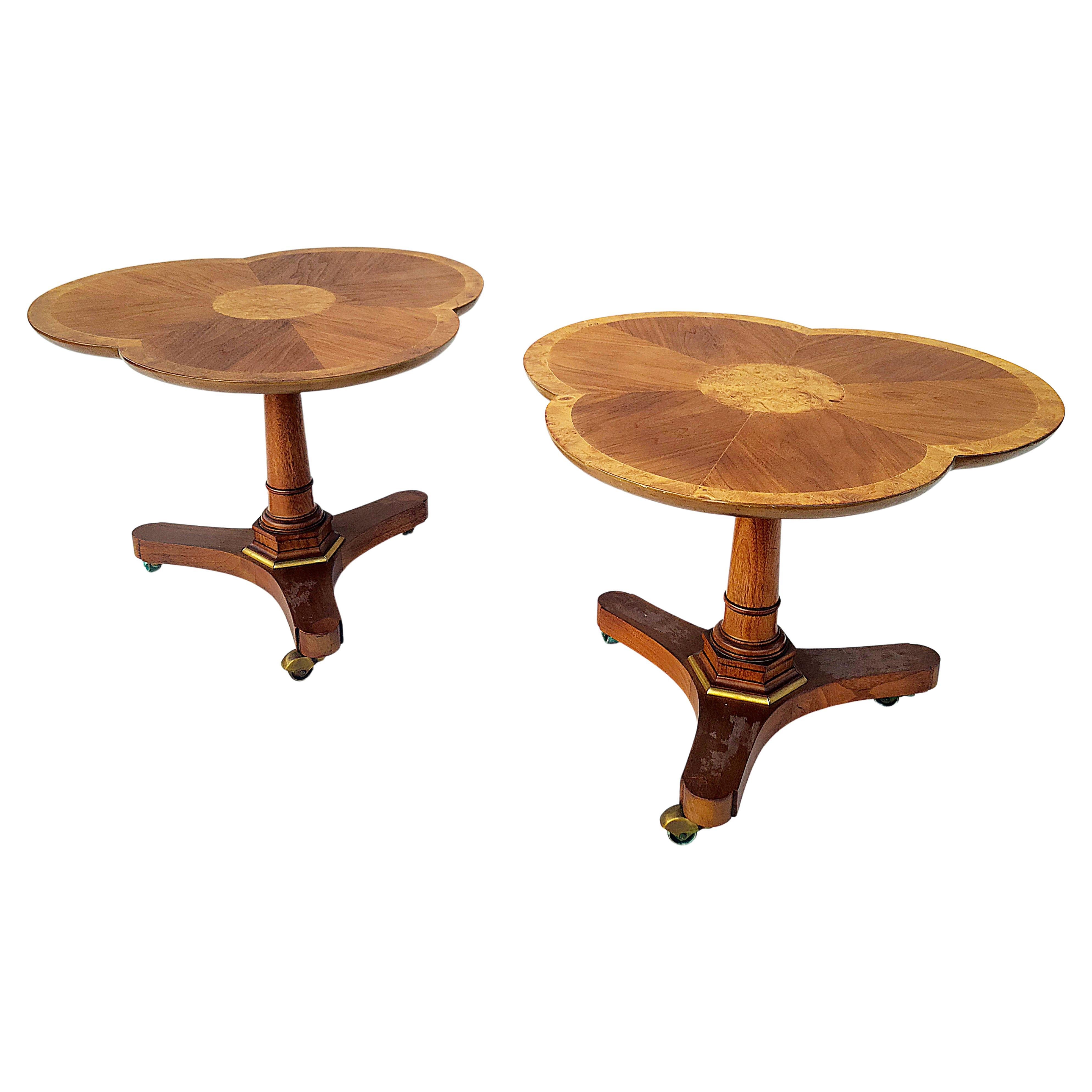 Pair Pansy Flower Gueridon Tables Walnut & Burl in the Style of Baker Furniture For Sale 1