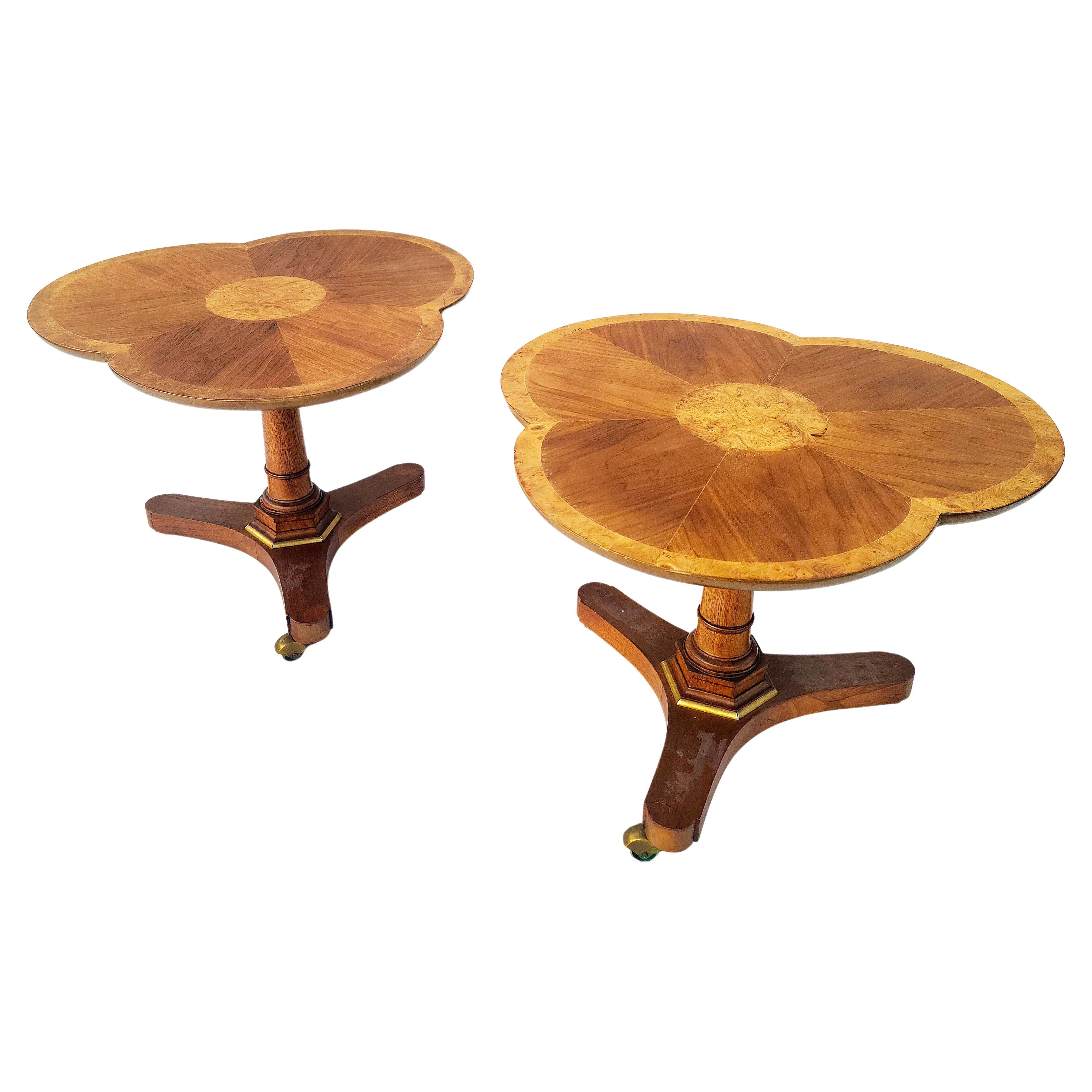 Pair Pansy Flower Gueridon Tables Walnut & Burl in the Style of Baker Furniture For Sale 2