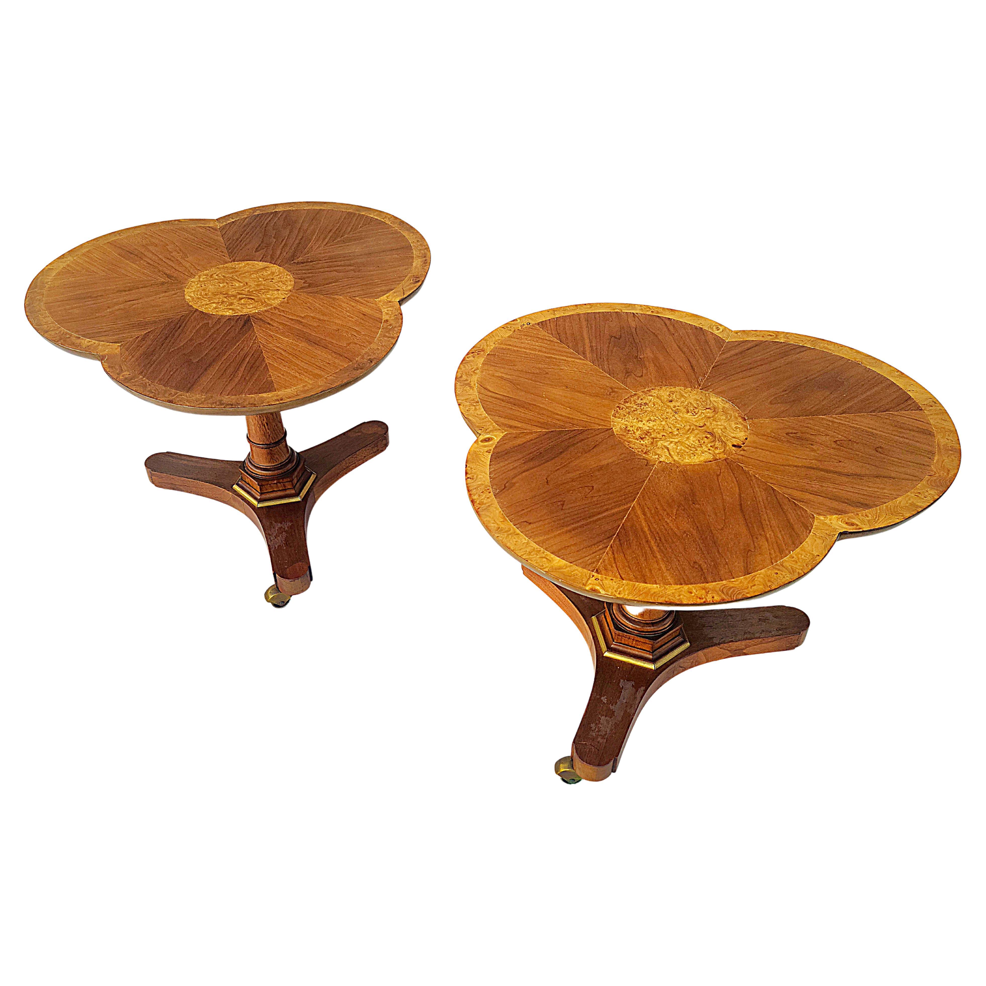 Pair Pansy Flower Gueridon Tables Walnut & Burl in the Style of Baker Furniture For Sale 3