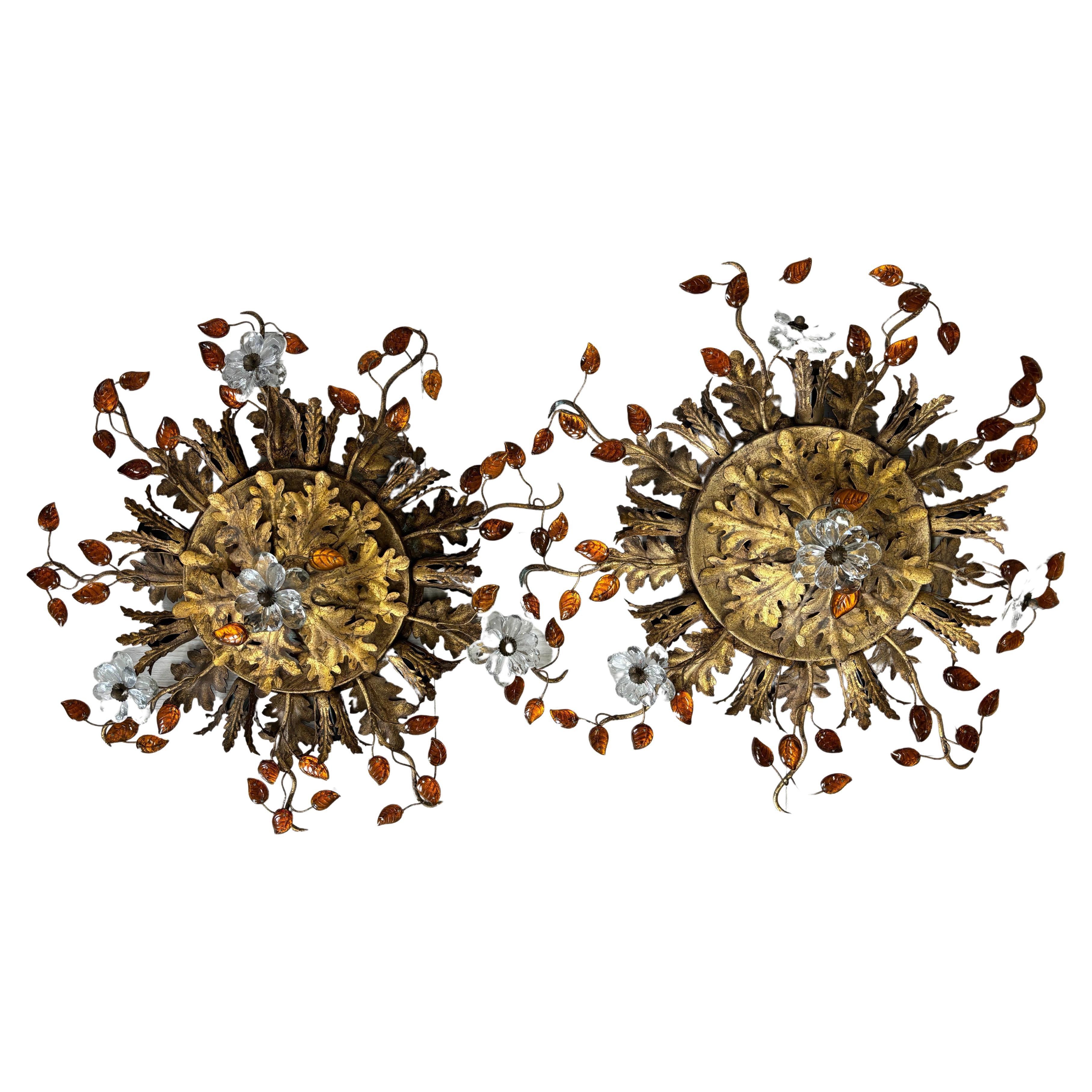 Pair Flush Mount Maison Baguès Crystal Flowers Amber Leaves Chandelier 9 Lights