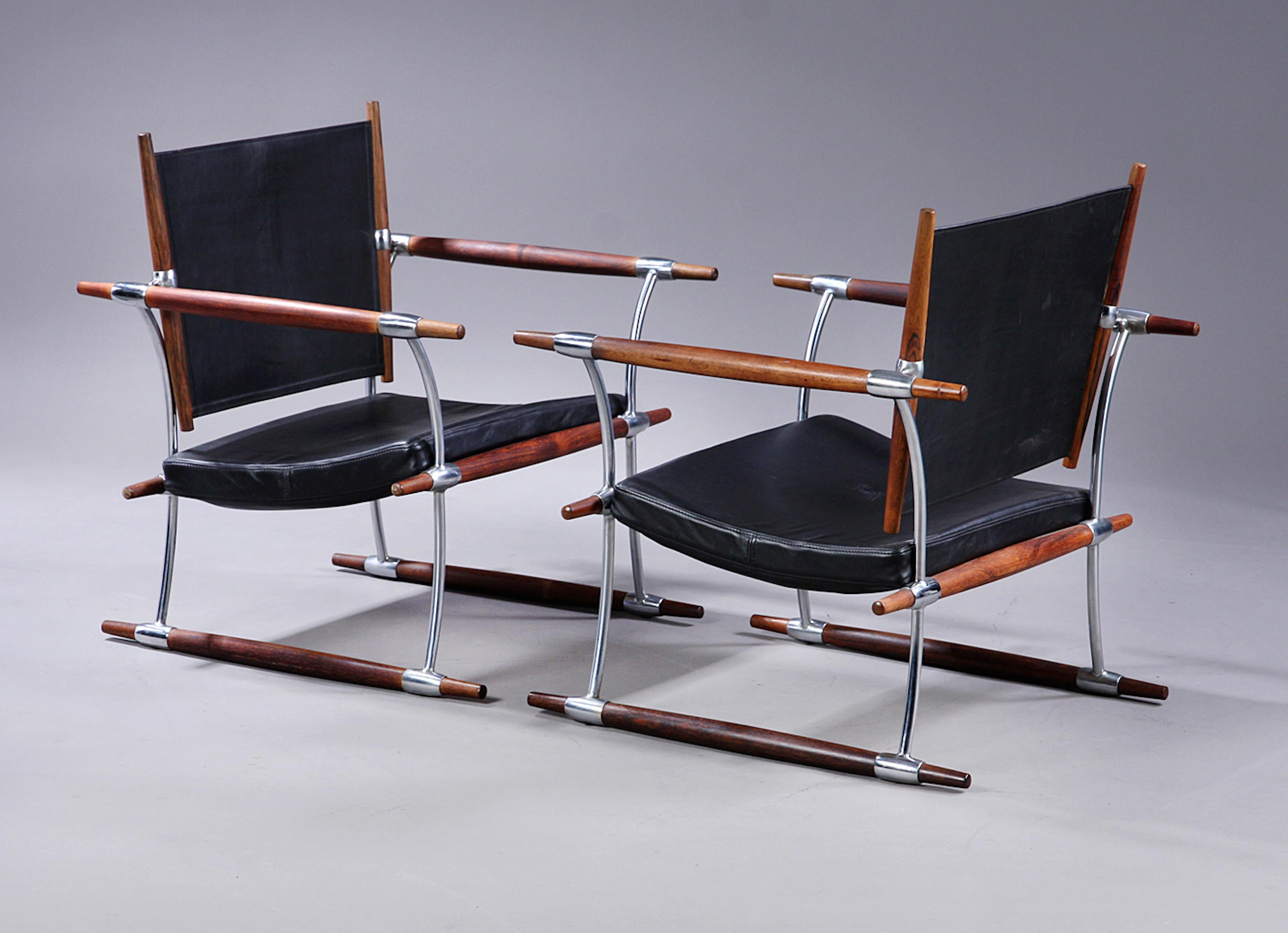 Scandinavian Modern Pair Fo Jens Quistgaard Conical-Stick Rosewood and Black Leather Chairs For Sale