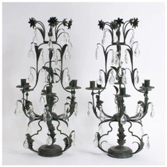 Pair Foliate Metal & Drop Crystal Six Light Candelabras