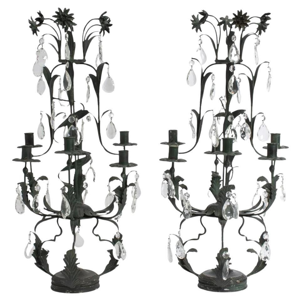 Pair Foliate Metal & Drop Crystal Six Light Candelabras