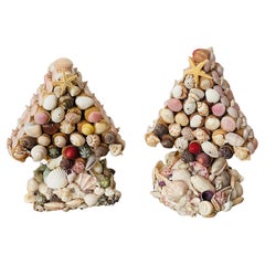 Vintage Pair Folk Art Florida Sea Shells Christmas Trees Coastal