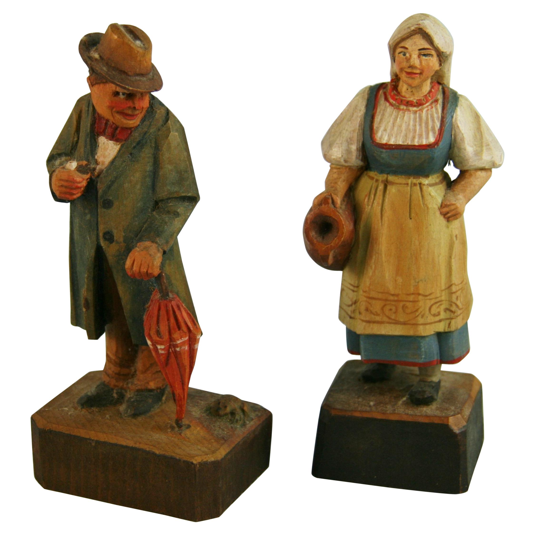 Pair Folk Art Hand Carved and Painted French Wood  Figures