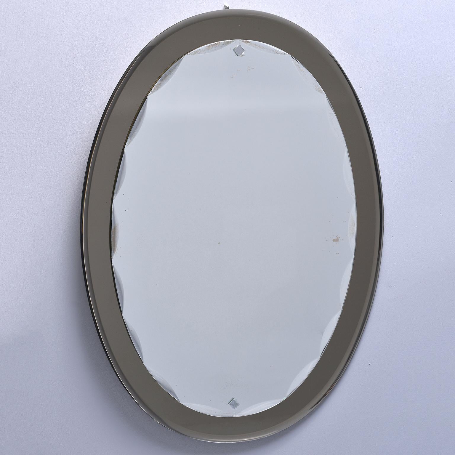 Mid-Century Modern Pair Fontana Arte Oval Mirrors with Taupe Base and Scalloped Beveled Frame