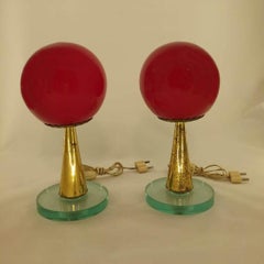 Pair of Fontana Arte Style Red Glass Globe Table or Nightstand Lamps Italy 1960s