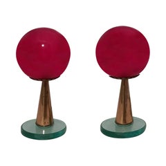 Pair of Fontana Arte Style Red Glass Globe Table or Nightstand Lamps Italy 1960s