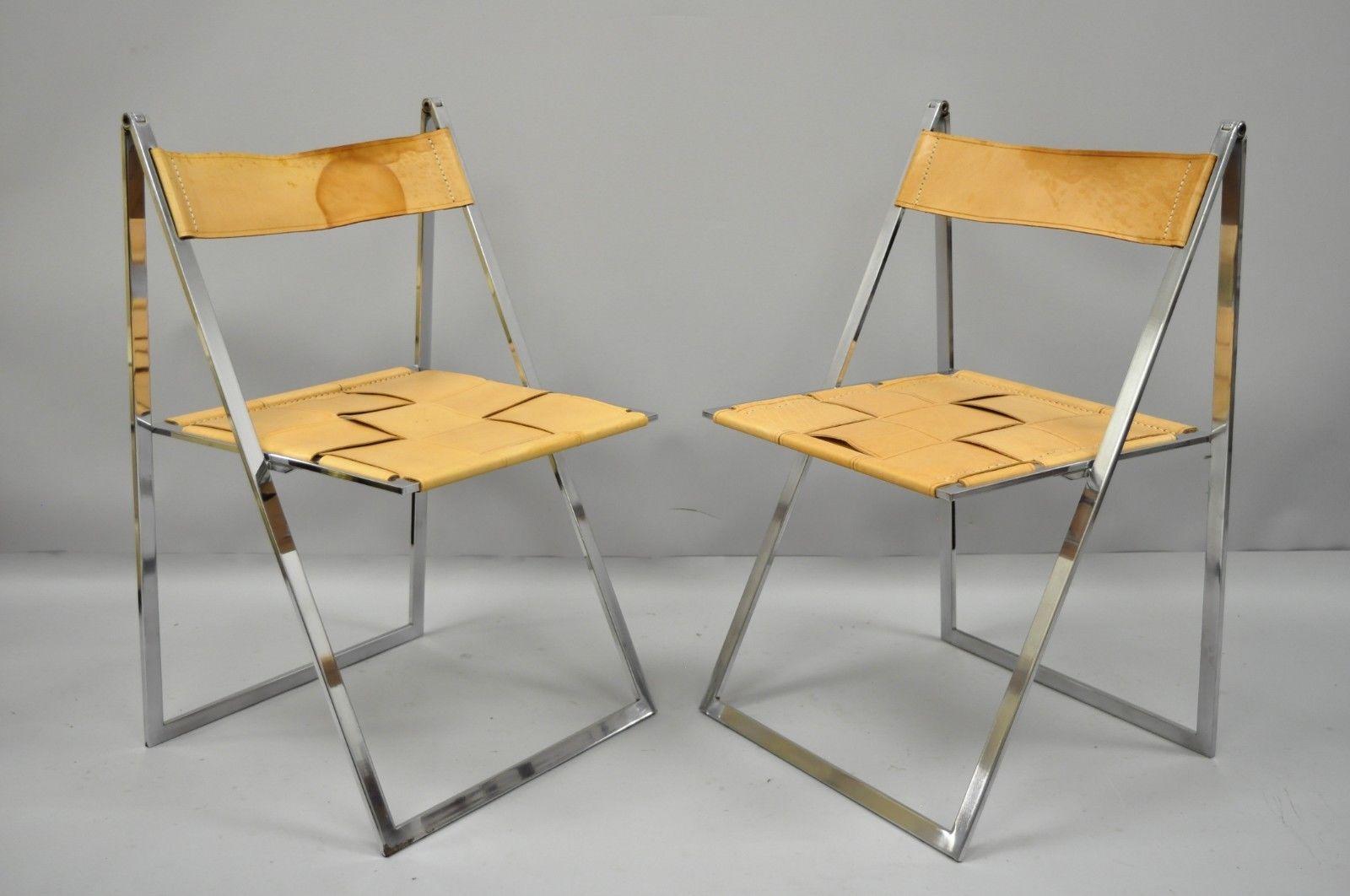 Pair Fontoni & Geraci Elios Folding Chairs Italian Modern Chrome and Leather B For Sale 4
