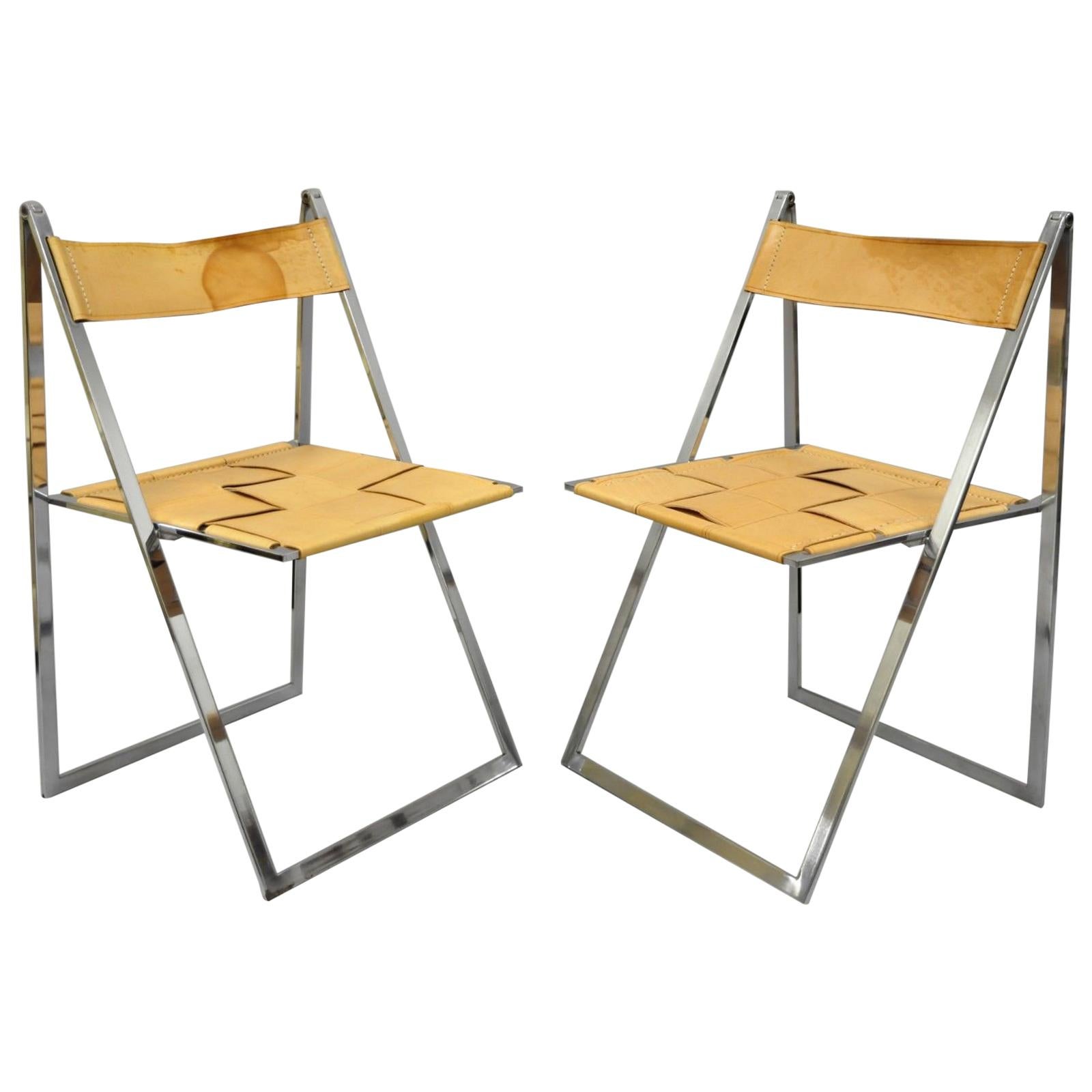 Pair Fontoni & Geraci Elios Folding Chairs Italian Modern Chrome and Leather B