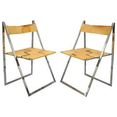 Retro Pair Fontoni & Geraci Elios Folding Chairs Italian Modern Chrome and Leather B