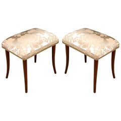 Pair of Footrest Pouf Stools in Walnut Art Deco Restored, New Upholstered Seats
