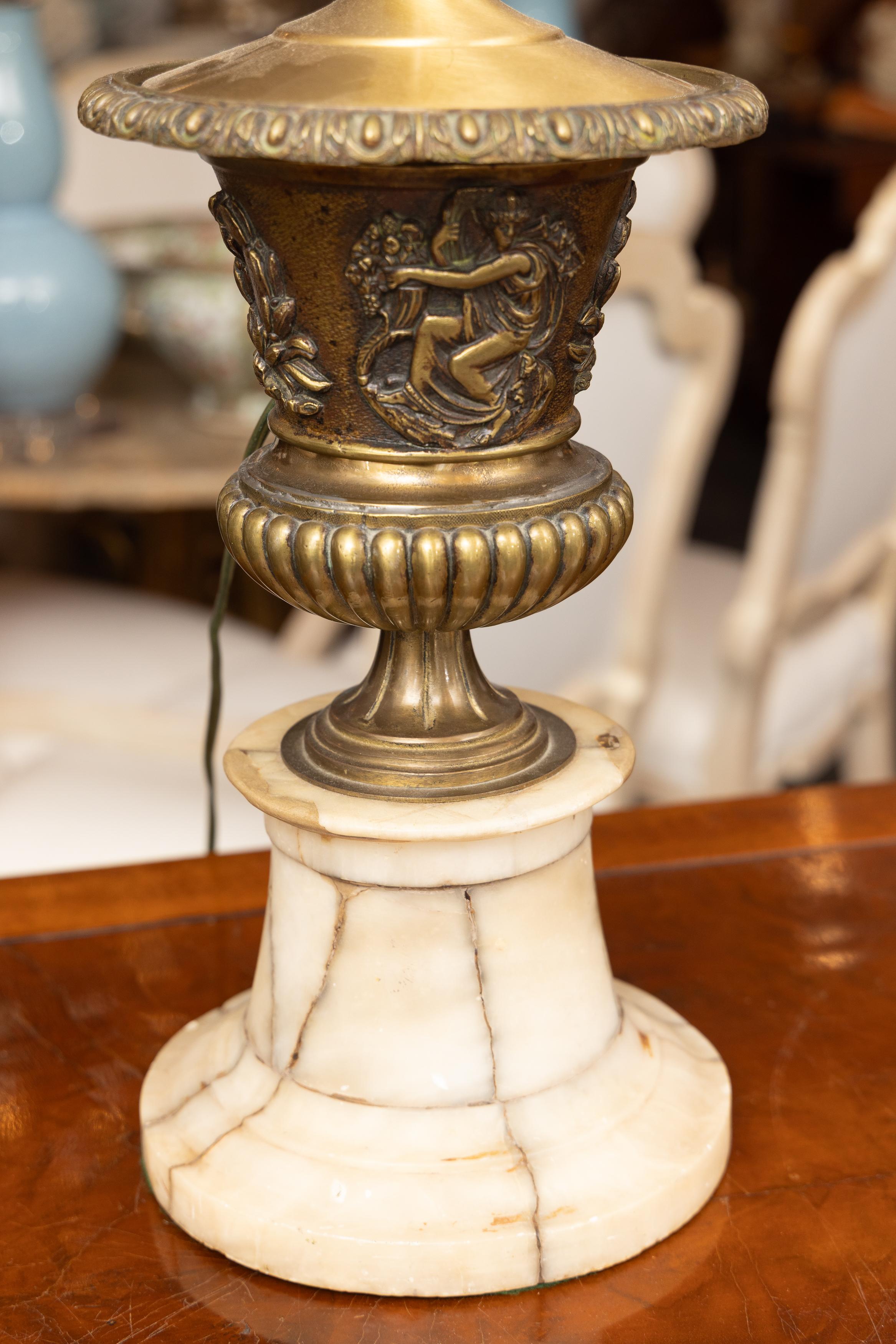 Hand-Crafted Pair of 19th Century Bronzed Metal Urns With Marble Bases, electrified For Sale
