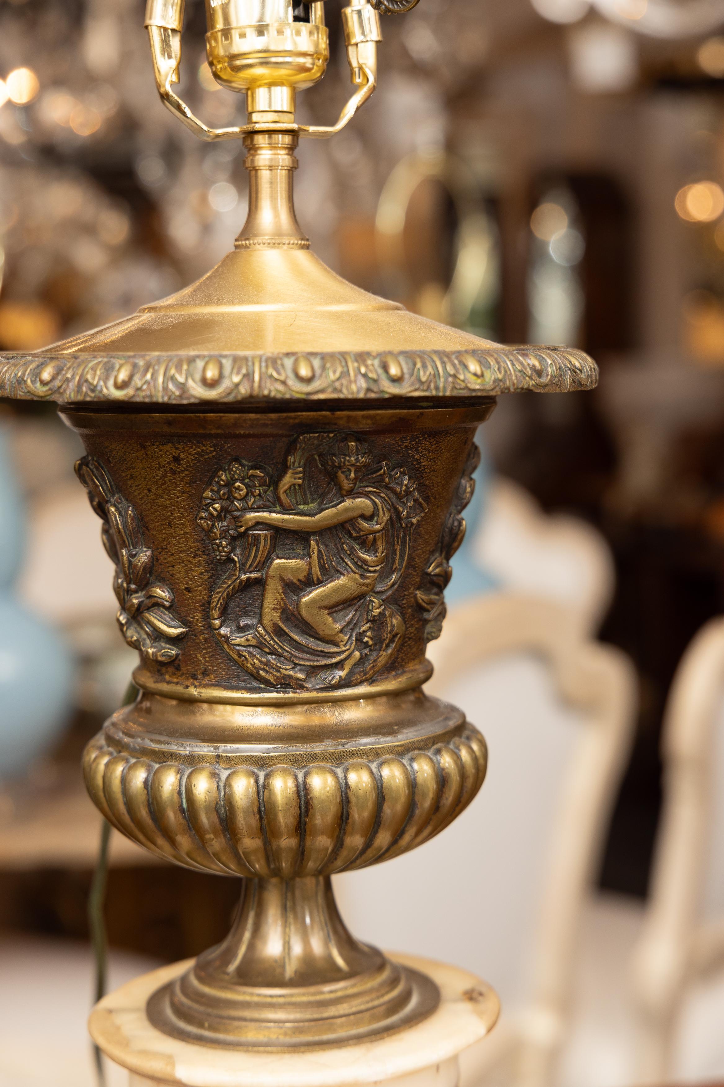 Pair of 19th Century Bronzed Metal Urns With Marble Bases, electrified In Good Condition For Sale In WEST PALM BEACH, FL