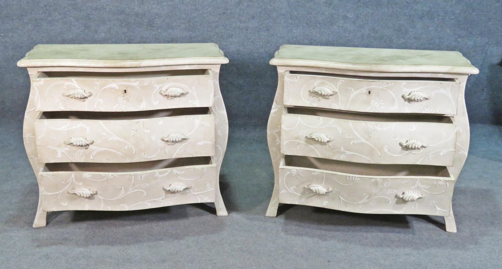 Late 20th Century Pair Foral Painted White Decorated Gustavian Style Bombe Commodes Nightstands For Sale