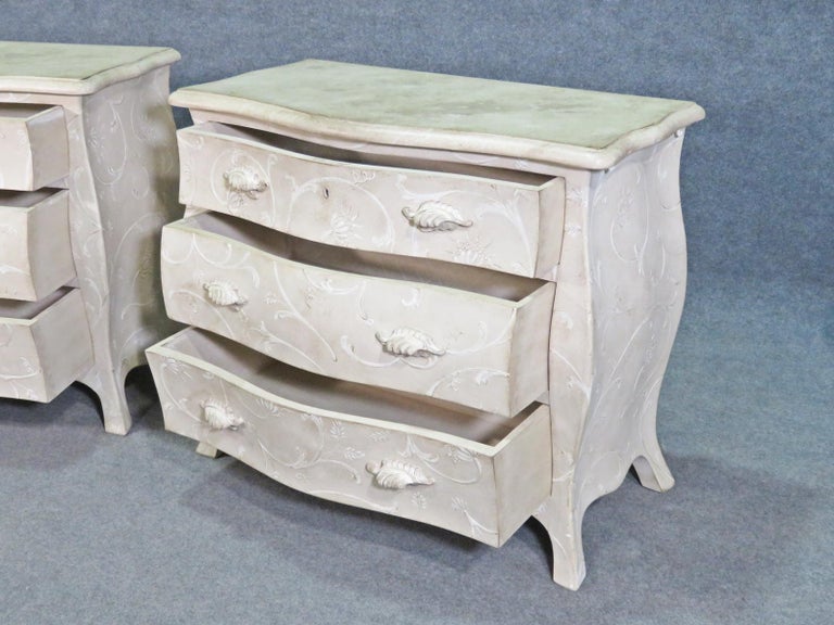 Walnut Pair Foral Painted White Decorated Gustavian Style Bombe Commodes Nightstands For Sale