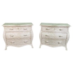 Retro Pair Foral Painted White Decorated Gustavian Style Bombe Commodes Nightstands