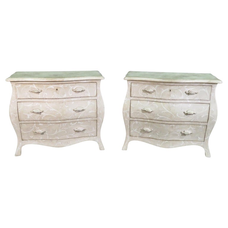 Pair Foral Painted White Decorated Gustavian Style Bombe Commodes Nightstands For Sale