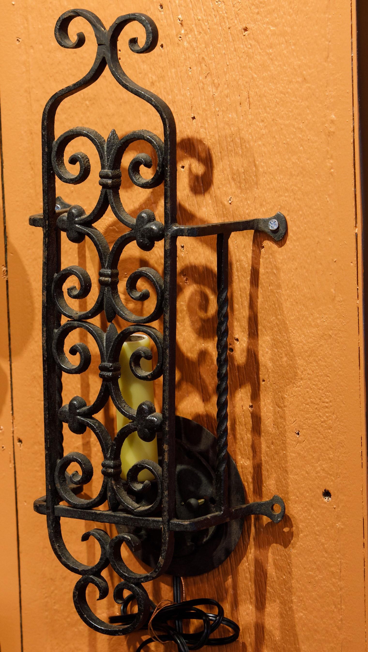 Early 20th Century Pair Forged Iron Spanish Colonial Sconces For Sale