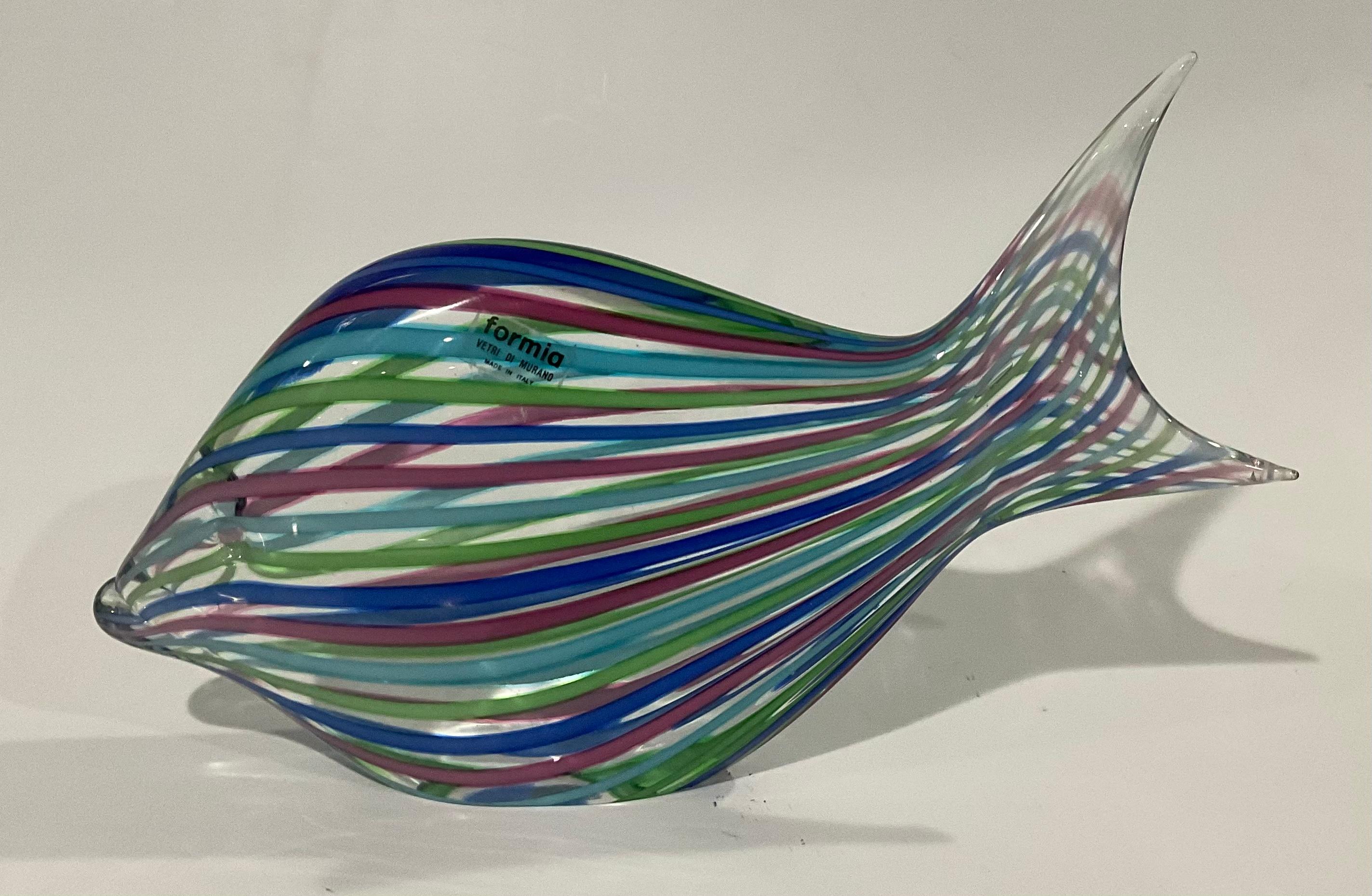 Mid-Century Modern Pair Formia Murano Glass Signed Vibrant Striped Fish Sculptures For Sale