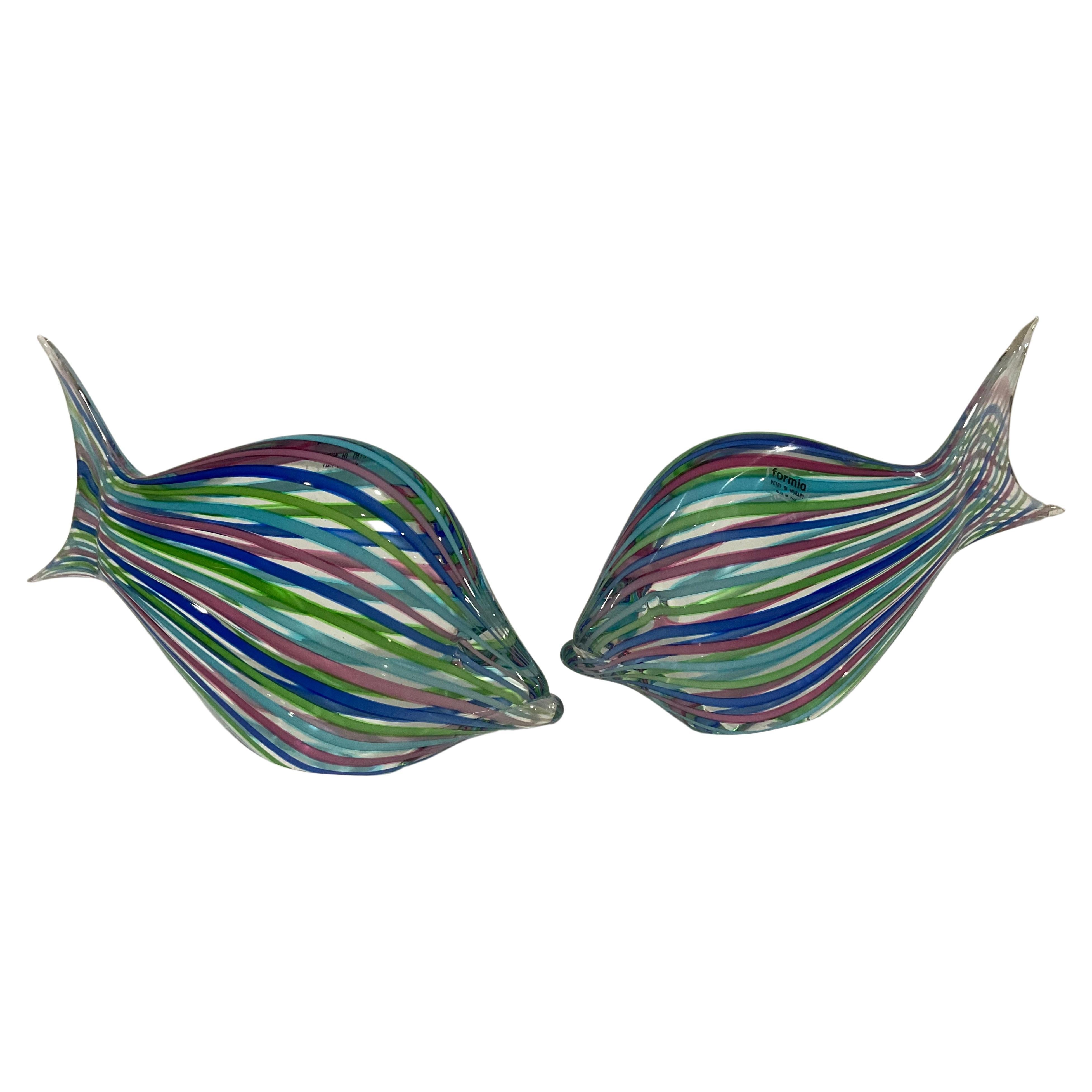 Pair Formia Murano Glass Signed Vibrant Striped Fish Sculptures For Sale