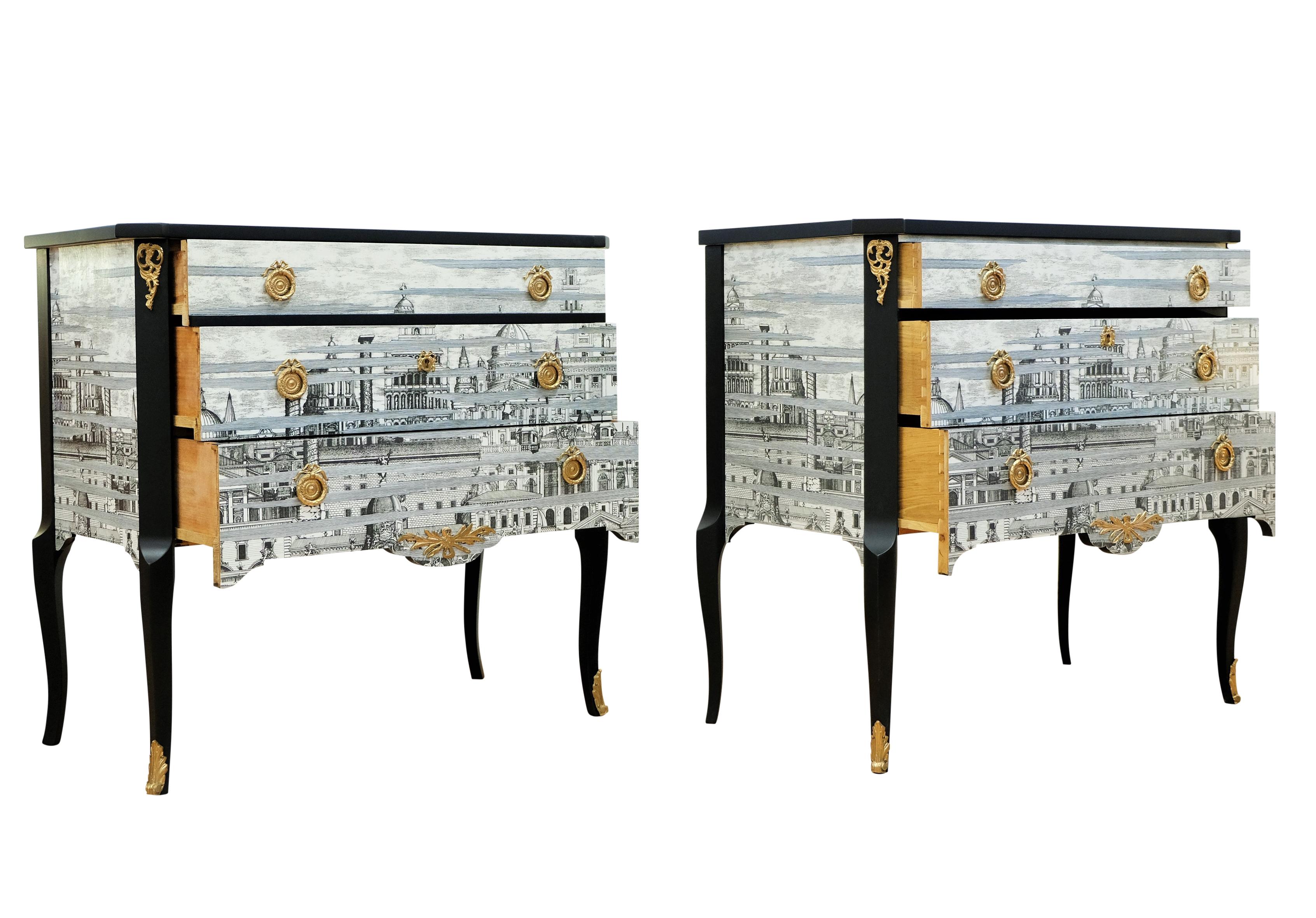 Pair Fornasetti Design Nightstands with Marble Tops. Original cast brass fittings to the drawers and legs. 

Width: 80cm / 31.5
