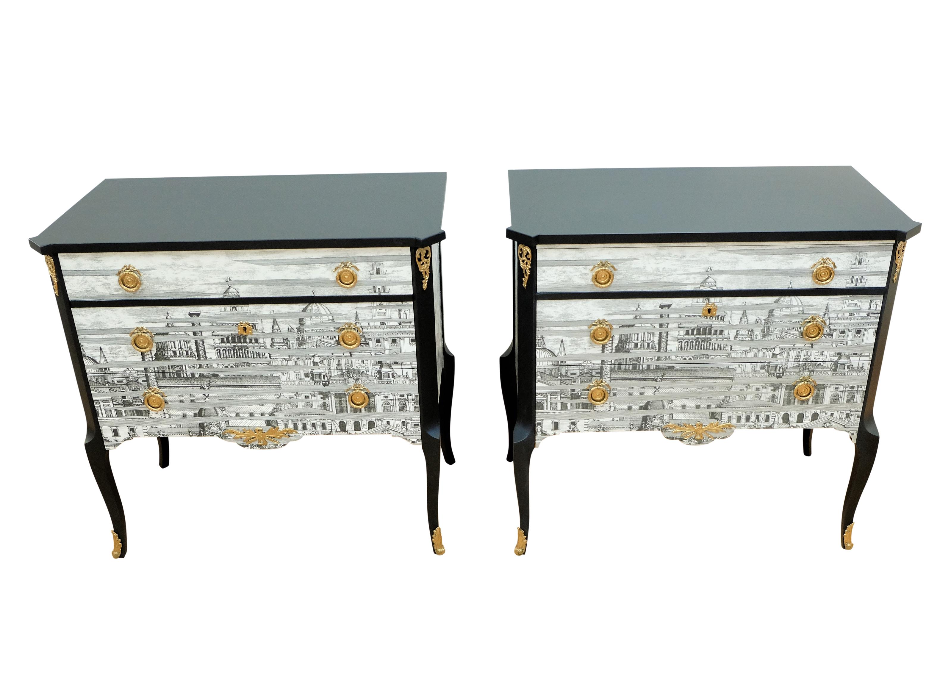 Gustavian Pair Fornasetti Design Nightstands with Marble Top For Sale
