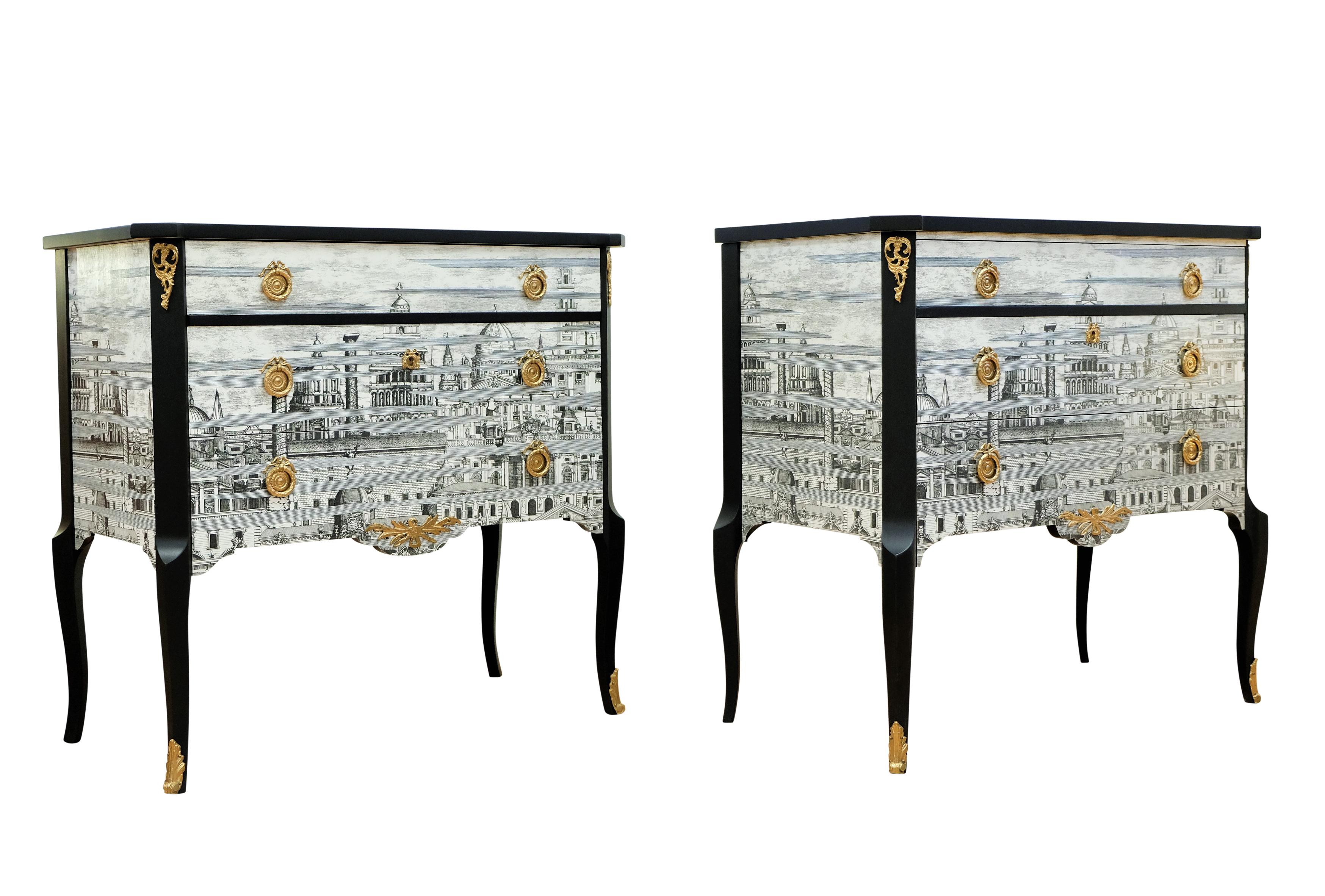 European Pair Fornasetti Design Nightstands with Marble Top For Sale