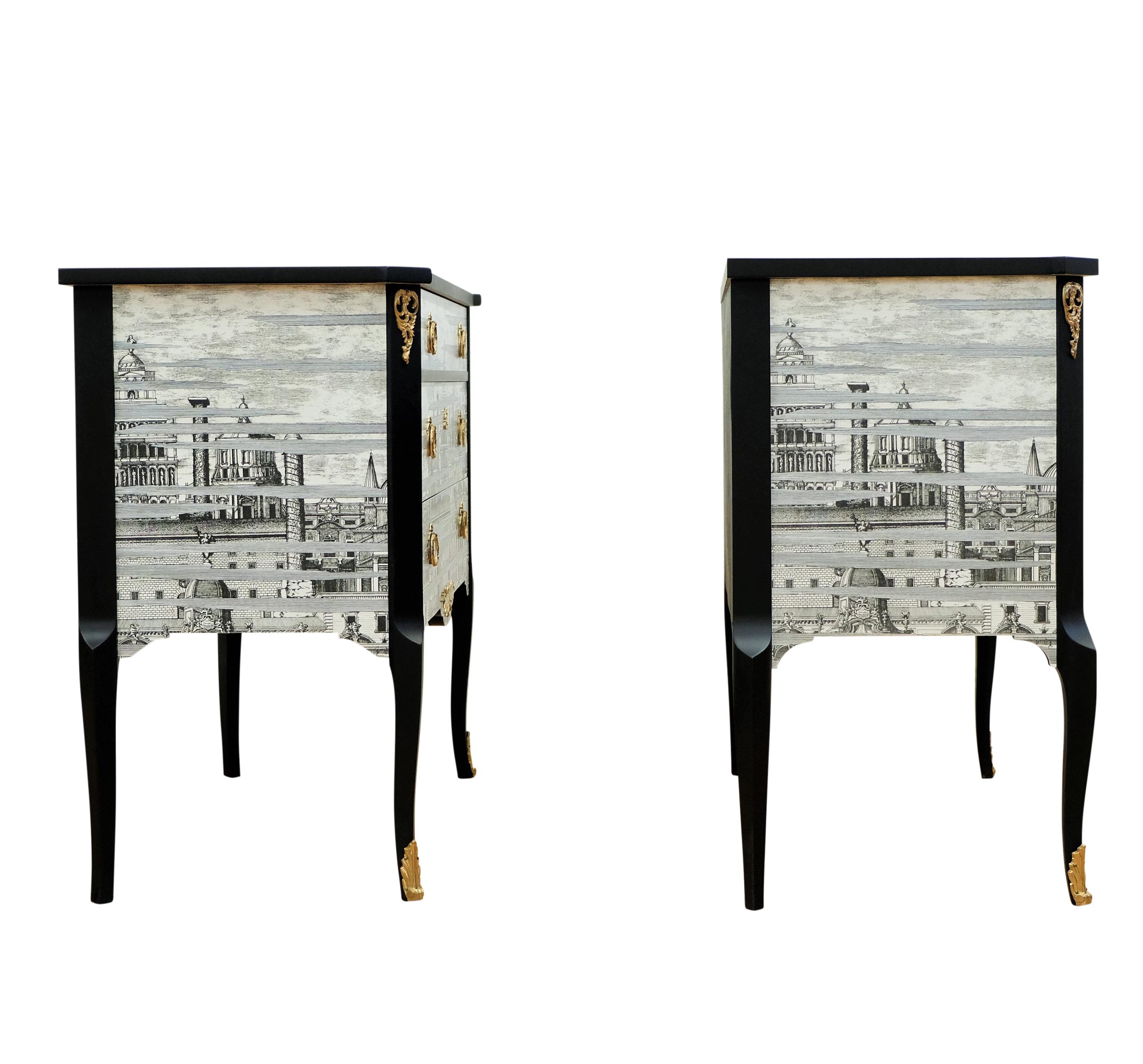 Mid-20th Century Pair Fornasetti Design Nightstands with Marble Top For Sale
