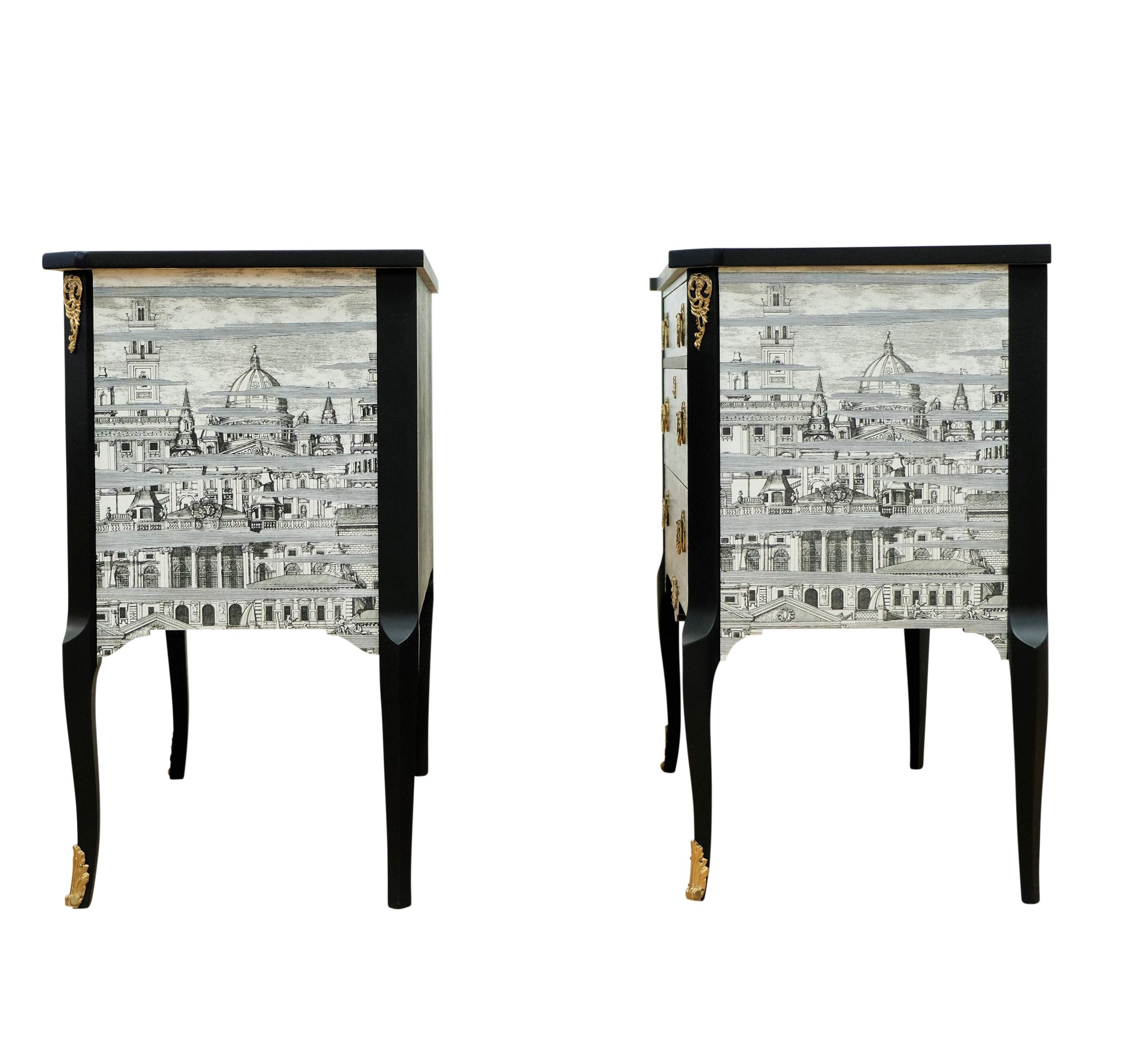 Wood Pair Fornasetti Design Nightstands with Marble Top For Sale
