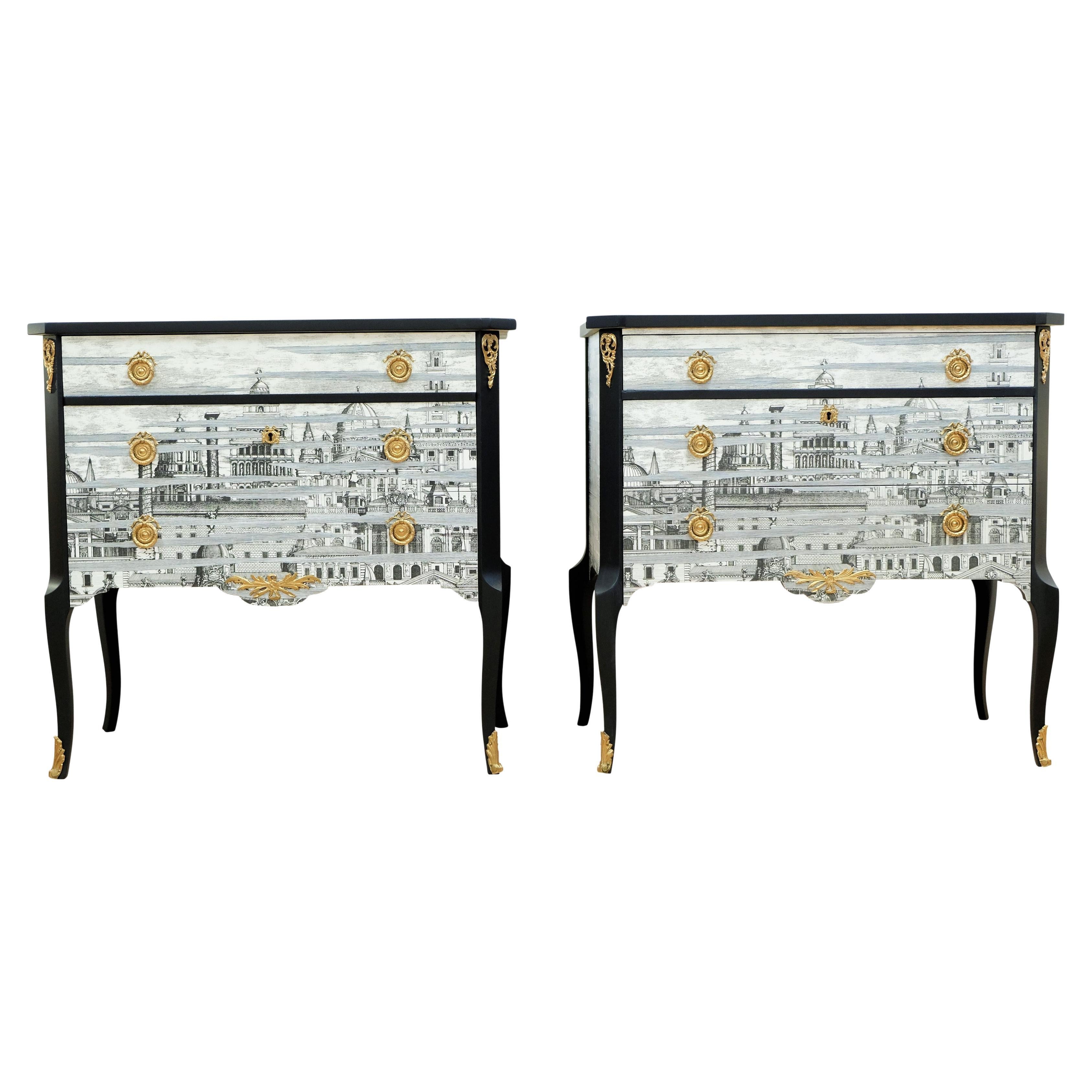 Pair Fornasetti Design Nightstands with Marble Top For Sale