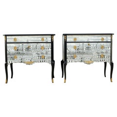 Retro Pair Fornasetti Design Nightstands with Marble Top