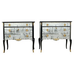 Pair Fornasetti Design Nightstands with Marble Top