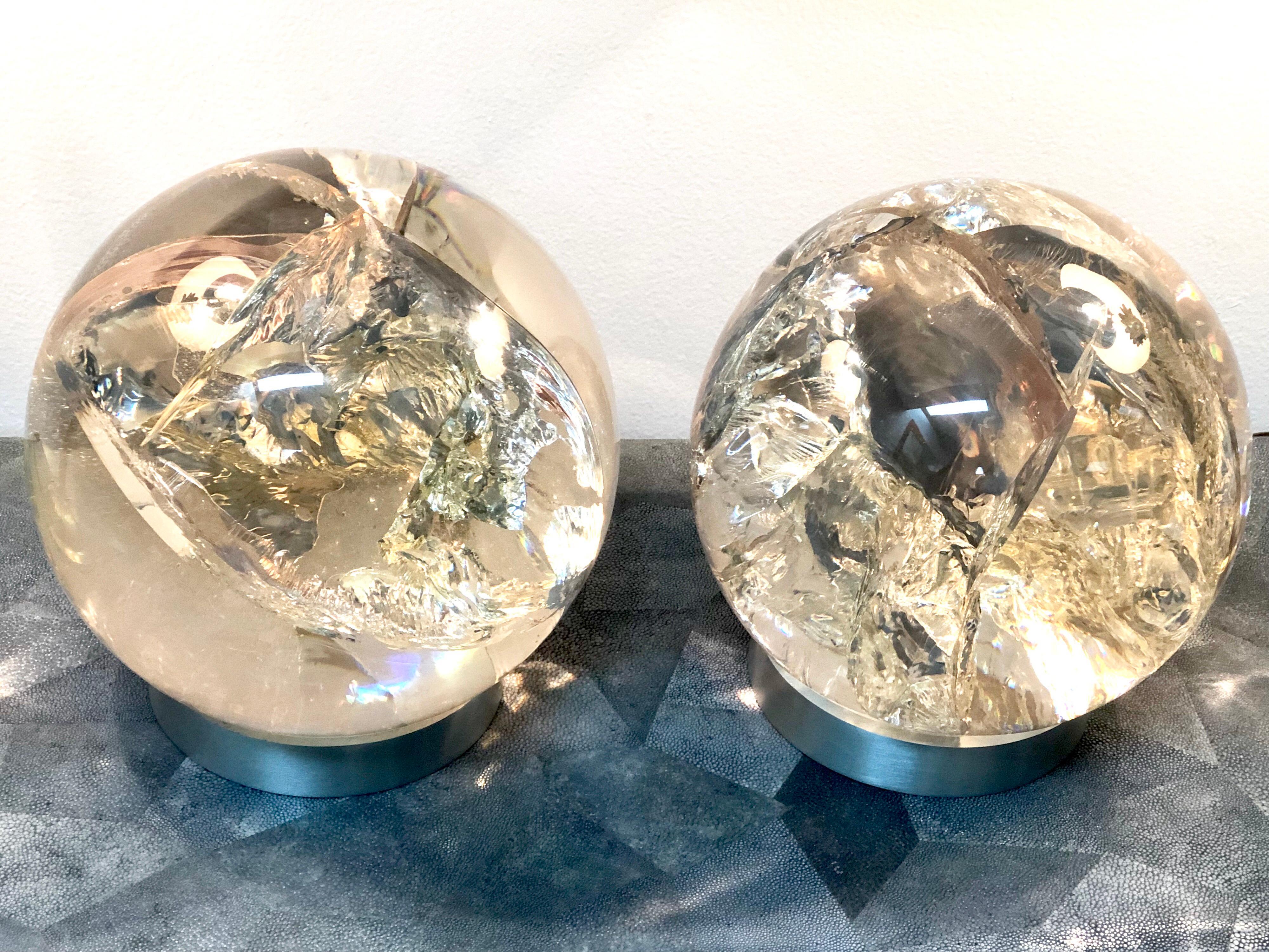 Pair of Fractal Resin Orbs Spheres on Brushed Metal Bases, 1970s 5