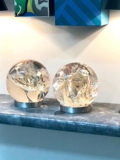 Pair of Fractal Resin Orbs Spheres on Brushed Metal Bases, 1970s